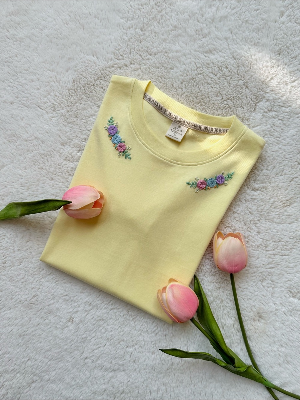 Hello Athenas Women's Pastel Yellow Pima Cotton Embroidered Tee Short Sleeve S
